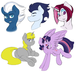Size: 4000x3800 | Tagged: safe, artist:spirit-dude, cayenne, night glider, soarin', twilight sparkle, oc, alicorn, pony, g4, bedroom eyes, bust, butt, eyes closed, female, looking at you, male, mare, plot, prone, simple background, smiling, stallion, twilight sparkle (alicorn), underhoof, white background