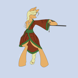 Size: 2000x2000 | Tagged: safe, artist:silverfox057, applejack, earth pony, pony, g4, amputee, apple clan, bipedal, clan champion, clothes, fan, female, high res, legends of harmony, missing arm, samurai, simple background, solo, tattoo, vaguely asian robe