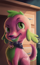 Size: 2081x3379 | Tagged: safe, artist:starblaze25, spike, dog, equestria girls, g4, collar, cute, desk, high res, male, open mouth, smiling, solo, spikabetes, spike the dog, spiked collar