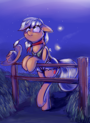 Size: 1537x2116 | Tagged: safe, artist:emberkaese, applejack, earth pony, firefly (insect), pony, g4, bandana, bipedal, bipedal leaning, clothes, cute, daisy dukes, female, fence, floppy ears, jackabetes, leaning, looking up, mare, neckerchief, night, shorts, solo, stars, straw