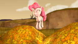 Size: 1920x1080 | Tagged: safe, artist:barpy, pinkie pie, earth pony, pony, g4, 3d, ^^, autumn, cute, energy, eyes closed, female, flying, grin, happy, jumping, raised tail, smiling, solo, source filmmaker, tail