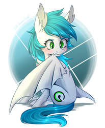 Size: 1400x1700 | Tagged: safe, artist:silbersternenlicht, oc, oc only, oc:sister note, bat pony, pony, blushing, commission, cutie mark, eyebrows, fangs, female, green eyes, looking back, mare, simple background, sitting, slit pupils, solo, wings