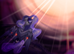 Size: 2283x1669 | Tagged: safe, artist:11-shadow, princess luna, alicorn, pony, g4, crepuscular rays, female, frown, grass, sitting, solo, spread wings, sunlight, wings