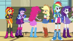 Size: 1920x1080 | Tagged: safe, screencap, applejack, fluttershy, pinkie pie, rainbow dash, rarity, sunset shimmer, twilight sparkle, equestria girls, g4, rainbow rocks, backpack, boots, bowtie, bracelet, clothes, cookie, cowboy hat, cup, female, hand on hip, hat, high heel boots, humane five, humane six, humans doing horse things, jacket, jewelry, leather jacket, legs, mane six, punch (drink), punch bowl, rear view, skirt, socks, table, wristband