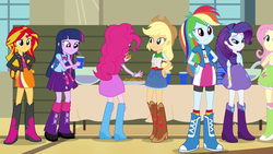 Size: 1920x1080 | Tagged: safe, screencap, applejack, fluttershy, pinkie pie, rainbow dash, rarity, sci-twi, sunset shimmer, twilight sparkle, equestria girls, g4, rainbow rocks, backpack, boots, bowtie, bracelet, cookie, cowboy boots, cup, hand on hip, high heel boots, humane five, humane seven, humane six, humans doing horse things, jacket, jewelry, leather jacket, legs, mane six, plate, punch (drink), punch bowl, rear view, skirt, sleeveless, socks, table, tank top, wristband