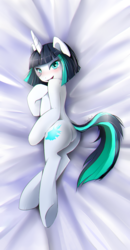 Size: 730x1400 | Tagged: safe, artist:skyeypony, oc, oc only, oc:dragonfire, pony, unicorn, fallout equestria: child of the stars, blushing, body pillow, body pillow design, butt, commission, fallout, featureless crotch, female, looking at you, mare, plot, smiling, solo, ych result