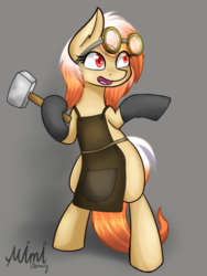 Size: 3000x4000 | Tagged: safe, artist:milkychocoberry, oc, oc only, oc:milky chocoberry, oc:mimi berry, pony, blacksmith, blank flank, clothes, female, goggles, hammer, mare, simple background, solo