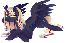 Size: 1125x750 | Tagged: safe, artist:snowillusory, oc, oc only, alicorn, pony, alicorn oc, heterochromia, horn, simple background, slit pupils, solo, white background, wings