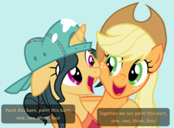 Size: 689x506 | Tagged: artist needed, safe, applejack, fresh coat, earth pony, pony, unicorn, g4, applejack's hat, cap, cowboy hat, duo, duo female, female, freckles, hat, mare