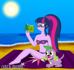 Size: 4551x4319 | Tagged: safe, artist:cyber-murph, sci-twi, spike, spike the regular dog, twilight sparkle, dog, equestria girls, g4, absurd resolution, beach, beach blanket, belly, belly button, bikini, book, breasts, cleavage, clothes, collar, female, glasses, midriff, ocean, paws, ponytail, purple swimsuit, reading, spike's dog collar, swimsuit, tail