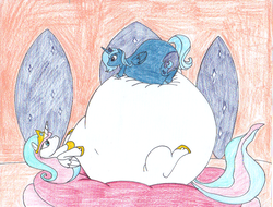 Size: 825x627 | Tagged: safe, artist:dragovian15, princess celestia, princess luna, alicorn, pony, g4, chubbylestia, fat, female, mare, morbidly obese, obese, princess moonpig, s1 luna