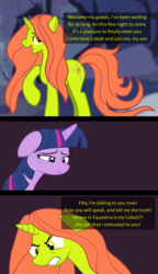 Size: 745x1293 | Tagged: safe, twilight sparkle, oc, oc:force magnitude, comic:terrible fan, g4, ancient bards, cringing, female, mary sue, monochrome, villain song