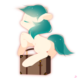 Size: 1500x1500 | Tagged: safe, artist:rootthree, oc, oc only, earth pony, pony, eyes closed, raised hoof, simple background, sitting, smiling, solo, suitcase, transparent background