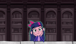 Size: 1280x738 | Tagged: safe, edit, edited screencap, screencap, twilight sparkle, human, g4, crossover, cute, humanized, legend quest, library, teodora, twidora