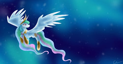 Size: 1024x538 | Tagged: safe, artist:blindarcher01, princess celestia, alicorn, pony, g4, crown, female, flying, jewelry, regalia, smiling, solo, spread wings, wings