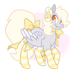 Size: 733x730 | Tagged: safe, artist:egophiliac, derpy hooves, pegasus, pony, g4, abstract background, alternate hairstyle, bow, clothes, colored pupils, cute, female, flower, flower in hair, heart eyes, raised hoof, ribbon, smiling, socks, solo, striped socks, tail bow, wingding eyes