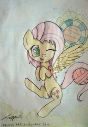 Size: 1092x1580 | Tagged: safe, artist:aneonart, fluttershy, pegasus, pony, g4, ball, basket, buckball, color correction, cropped, female, floating, hooves to the chest, levitation, magic, midair, one eye closed, open mouth, prehensile tail, smiling, solo, spread wings, telekinesis, traditional art, wings