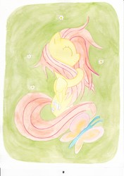 Size: 4952x7016 | Tagged: safe, artist:zeronfly, fluttershy, butterfly, g4, absurd resolution, eyes closed, female, folded wings, grass, lying down, on side, profile, smiling, solo, traditional art, watercolor painting