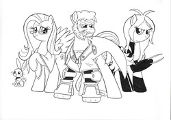 Size: 2408x1700 | Tagged: safe, artist:jmkplover, angel bunny, fluttershy, pony, g4, crossover, laura kinney, monochrome, old man logan, older, ponified, traditional art, wolverine, x-23