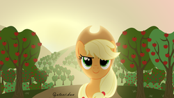 Size: 5692x3200 | Tagged: safe, artist:gutovi, applejack, g4, absurd resolution, apple tree, sunrise, sweet apple acres, tree, wallpaper