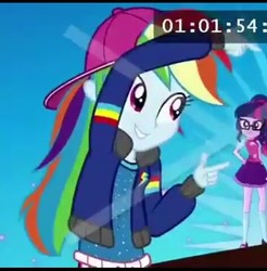 Size: 472x480 | Tagged: safe, rainbow dash, sci-twi, twilight sparkle, equestria girls, g4, backwards ballcap, baseball cap, bowtie, cap, clothes, glasses, hat, jacket, mary janes, rapper, rapper dash, shoes, skirt, socks