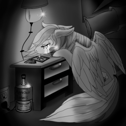 Size: 1550x1550 | Tagged: safe, artist:brainiac, rainbow dash, twilight sparkle, alicorn, pegasus, pony, g4, alcohol, applejack daniel's, bed, bedroom, black and white, crying, electrical outlet, female, floppy ears, glass, grayscale, implied lesbian, implied shipping, implied twidash, lamp, letter, mare, monochrome, outlet, photo, poster, sad, shot glass, solo, twilight sparkle (alicorn), us plug