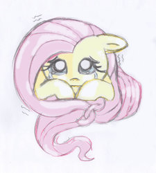 Size: 900x1001 | Tagged: safe, artist:theamberdragon999, fluttershy, g4, bust, crying, female, floppy ears, looking at you, portrait, prone, scared, shaking, simple background, solo, teary eyes, traditional art, trembling, white background