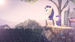 Size: 4000x2250 | Tagged: safe, artist:redaceofspades, rarity, g4, 3d, city, cityscape, cliff, female, fence, grin, leaning, mountain, poster, smiling, solo, source filmmaker, tree