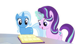 Size: 10516x6132 | Tagged: safe, artist:pink1ejack, starlight glimmer, trixie, pony, celestial advice, g4, absurd resolution, book, magic, open mouth, simple background, table, transparent background, vector