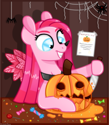 Size: 1034x1186 | Tagged: safe, artist:amberpone, pinkie pie, flamingo, pony, spider, g4, blue eyes, candy, clothes, costume, creepy, creepy smile, digital art, eyebrows, female, food, halloween, holiday, jack-o-lantern, knife, mare, pinkamena diane pie, pumpkin, pumpkin carving, shading, smiling, straight hair, sweets, this will end in cupcakes