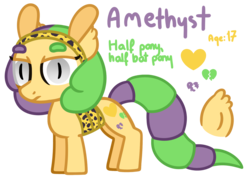 Size: 1700x1200 | Tagged: safe, artist:amberpone, oc, oc only, bat pony, gecko, original species, pony, animal costume, bandage, bat eyes, clothes, costume, digital art, ear fluff, eyebrows, female, gray eyes, green mane, long tail, mare, original art, original character do not steal, purple mane, short legs, simple background, solo, transparent background