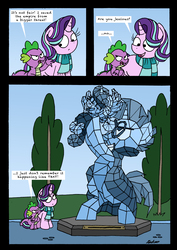 Size: 2444x3455 | Tagged: safe, artist:bobthedalek, princess flurry heart, spike, starlight glimmer, sunburst, dragon, pony, unicorn, g4, annoyed, clothes, comic, crystal empire, dialogue, high res, jealous, scarf, speech bubble, statue, the lion king