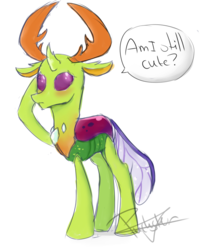Size: 1612x1812 | Tagged: safe, artist:pucksterv, thorax, changedling, changeling, g4, blushing, cute, dialogue, floppy ears, frown, king thorax, looking away, male, question, shy, signature, simple background, solo, speech bubble, thorabetes, white background