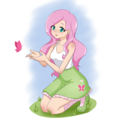 Size: 1024x1024 | Tagged: safe, artist:gamerdiji, fluttershy, butterfly, human, g4, anime, clothes, cute, equestria girls outfit, female, humanized, kneeling, shoes, skirt, socks, solo, tank top