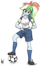 Size: 2894x4093 | Tagged: safe, artist:cynos-zilla, rainbow dash, equestria girls, g4, clothes, female, football, grin, hand on hip, high res, jersey, looking at you, ponytail, shorts, simple background, smiling, socks, solo, transparent background