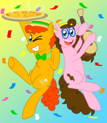 Size: 400x457 | Tagged: safe, artist:crazynutbob, oc, oc only, oc:fudge fondue, oc:pizza pockets, boater, bowtie, confetti, food, glasses, gradient background, guitar, hairband, hat, midair, offspring, one eye closed, parent:cheese sandwich, parent:pinkie pie, parents:cheesepie, pizza, twins, wink