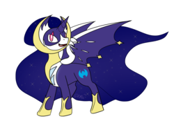 Size: 1024x768 | Tagged: safe, artist:usagi-zakura, alicorn, bat pony, bat pony alicorn, lunala, pony, ethereal mane, fangs, lidded eyes, looking at you, open mouth, pokémon, ponified, simple background, smiling, solo, spread wings, starry mane, transparent background, wings