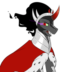 Size: 750x750 | Tagged: safe, artist:cosmalumi, king sombra, pony, unicorn, g4, cape, clothes, crown, fangs, jewelry, looking back, male, open mouth, red eyes, regalia, simple background, solo, stallion