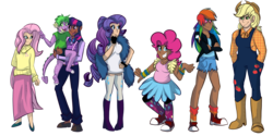 Size: 4000x2000 | Tagged: safe, artist:percy-mcmurphy, applejack, fluttershy, pinkie pie, rainbow dash, rarity, spike, twilight sparkle, dragon, human, anthro, g4, boots, carrying, clothes, converse, cowboy hat, crossed arms, dark skin, denim, female, flats, group, hat, high heel boots, humanized, jacket, mane six, overalls, pantyhose, shoes, short, shorts, simple background, size difference, skirt, socks, stetson, striped socks, sweater, sweatershy, thigh highs, transparent background