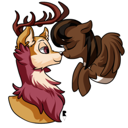 Size: 512x512 | Tagged: safe, artist:allocen, oc, oc only, oc:almond brownie, oc:wisteria evergreen, deer, pegasus, pony, antlers, buck, eyes closed, female, fluffy, flying, male, nuzzling, shipping, smiling, straight, telegram sticker, wings