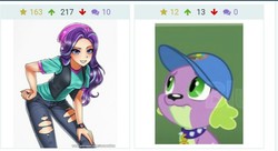Size: 829x450 | Tagged: safe, spike, spike the regular dog, starlight glimmer, dog, derpibooru, equestria girls, g4, my little pony equestria girls: legend of everfree, cap, clothes, hat, jacket, juxtaposition, looking up, meme, meta, nail polish, pants, ripped jeans, smiling
