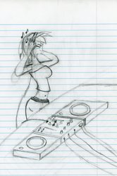 Size: 3989x6012 | Tagged: safe, artist:happyb0y95, dj pon-3, vinyl scratch, human, g4, absurd resolution, clothes, female, headphones, humanized, lined paper, monochrome, music notes, pencil drawing, sketch, solo, traditional art, turntable