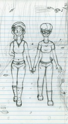 Size: 3402x6211 | Tagged: safe, artist:happyb0y95, diamond tiara, silver spoon, human, g4, absurd resolution, belly button, clothes, duo, female, glasses, holding hands, humanized, lesbian, lined paper, midriff, monochrome, pencil drawing, ship:silvertiara, shipping, traditional art