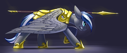Size: 4096x1714 | Tagged: safe, artist:underpable, oc, oc only, oc:cloud zapper, pegasus, pony, armor, commission, high res, male, royal guard, serious, serious face, solo, spear, stallion, weapon