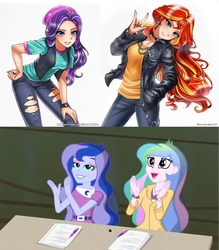 Size: 1281x1460 | Tagged: safe, artist:racoonsan, edit, princess celestia, princess luna, principal celestia, starlight glimmer, sunset shimmer, vice principal luna, human, equestria girls, equestria girls specials, g4, mirror magic, my little pony equestria girls: rainbow rocks, beanie, choker, clothes, devil horn (gesture), female, hat, human coloration, humanized, jacket, jeans, leather jacket, looking at you, nail polish, pants, ripped jeans, shirt, simple background, smiling, vest, watch, white background, wristwatch