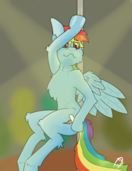 Size: 1304x1688 | Tagged: safe, artist:starrypallet, rainbow dash, pegasus, pony, semi-anthro, g4, female, mare, pole dancing, solo, stripper pole