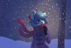 Size: 2276x1537 | Tagged: safe, artist:orchidpony, coco pommel, earth pony, anthro, g4, clothes, coat, female, gloves, mare, scarf, snow, snowfall, solo, winter, winter outfit