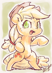 Size: 512x720 | Tagged: safe, artist:assasinmonkey, applejack, earth pony, pony, g4, bipedal, chibi, colored sketch, cowboy hat, cute, fangs, female, hat, jackabetes, looking at you, solo, stetson