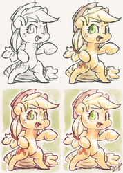 Size: 854x1200 | Tagged: safe, artist:assasinmonkey, applejack, earth pony, pony, g4, bipedal, chibi, colored sketch, cowboy hat, cute, fangs, female, hat, jackabetes, looking at you, solo, stetson, wip