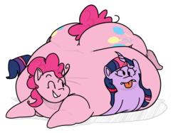 Size: 2384x1786 | Tagged: safe, artist:secretgoombaman12345, color edit, edit, pinkie pie, twilight sparkle, pony, g4, balloonbutt, belly, belly bed, big belly, butt, cartoon physics, chubby cheeks, colored, explicit source, fat, flattened, impossibly large belly, large butt, morbidly obese, obese, piggy pie, plot, pudgy pie, simple background, squashing, tongue out